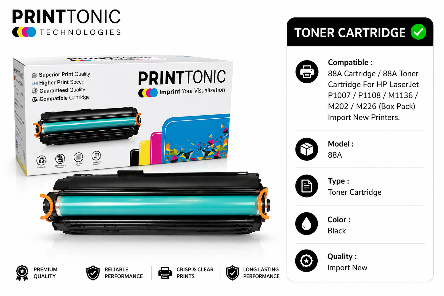 88A Cartridge / 88A Toner Cartridge For HP LaserJet P1007 / P1108 / M1136 / M202 / M226 (Box Pack) Import New