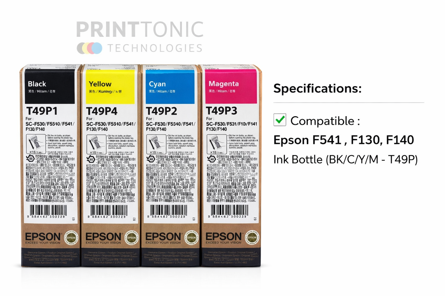 Epson F541, F130, F140 Ink Bottle (BK/C/Y/M - T49P)