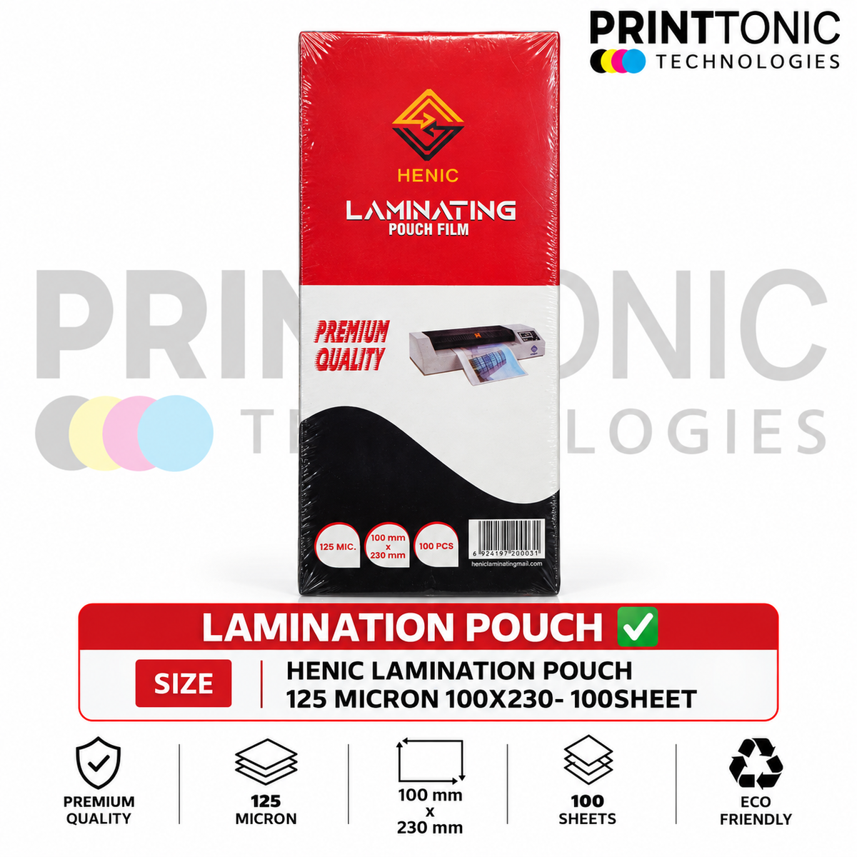 HENIC LAMINATION POUCH 125 MICRON 100X230- 100SHEET
